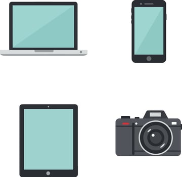 Electronic devices including laptop smartphone tablet and camera flat minimal illustration vector
