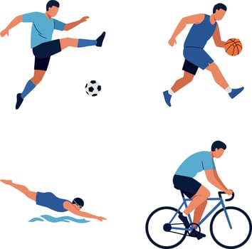 Four male athletes playing soccer basketball swimming and cycling flat style illustration vector