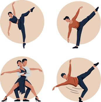 Male and female dancers performing dynamic ballet and contemporary moves in minimal flat style illustration vector