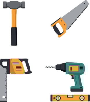 Construction tools set with hammer saw drill ruler and level flat design illustration vector