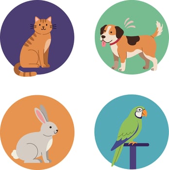 Four cute domestic animals including cat dog rabbit and parrot in colorful flat design illustration vector
