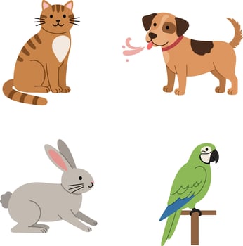Cute domestic cat dog rabbit parrot sitting and standing flat style illustration vector