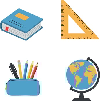 School supplies collection with book, ruler, pencil case, and globe in flat colorful illustration vector