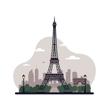 Eiffel Tower with Paris cityscape and Arc de Triomphe in flat minimal illustration vector