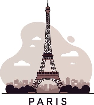 Eiffel Tower landmark with cityscape silhouette in minimal muted colors flat design illustration vector