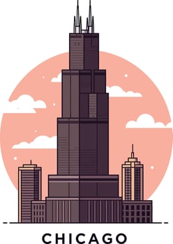 Chicago skyline featuring Willis Tower and surrounding buildings in minimal flat design with sunset sky illustration vector