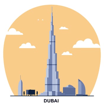 Burj Khalifa and Dubai cityscape with modern skyscrapers flat minimalist illustration vector