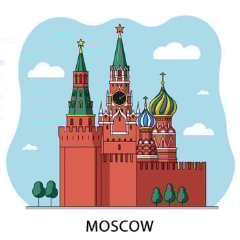 Moscow Kremlin and Saint Basils Cathedral detailed flat design with towers and colorful domes illustration vector