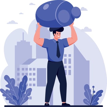 Man lifting large blue piggy bank outdoors urban flat design illustration art vector