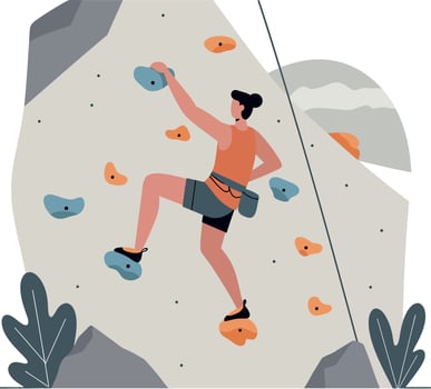 Female rock climber scaling indoor climbing wall with colorful holds in flat design illustration vector