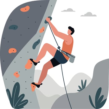 Male rock climber scaling steep cliff in minimal flat design outdoor adventure illustration vector