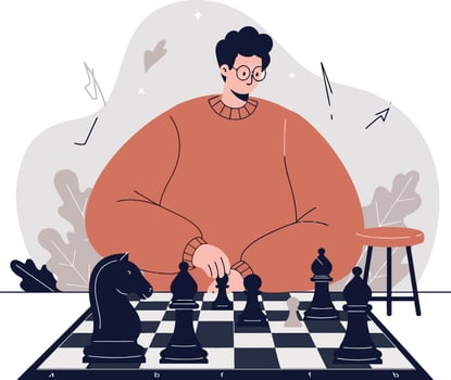 Young man playing strategic chess game in oversized sweater sitting at table flat illustration vector