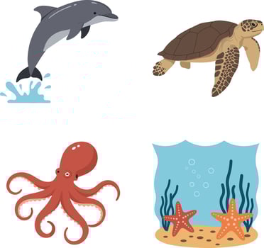 Marine animals dolphin jumping turtle swimming octopus and starfish underwater flat illustration vector