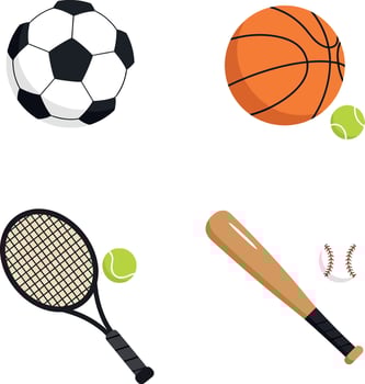 Collection of popular sports equipment including soccer ball, basketball, tennis racket, and baseball bat in flat illustration vector