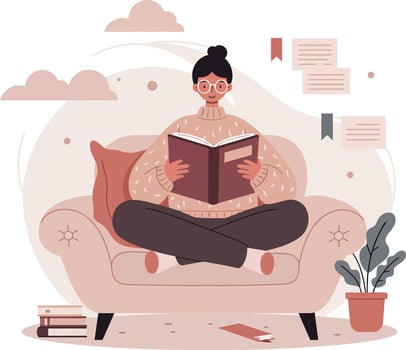 Woman reading book on cozy armchair in warm tones flat design illustration vector
