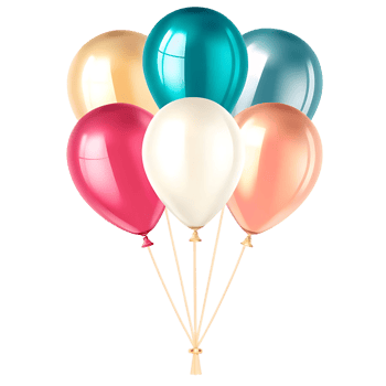 A cluster of five shiny pastel balloons tied together with gold ribbon png