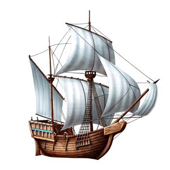 A Detailed Illustration of a Majestic Wooden Sailing Caravel Ship with Full Sails Against a transparent Background png