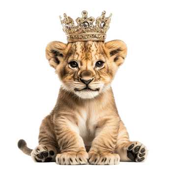 A regal lion cub wearing a decorative jeweled golden crown png