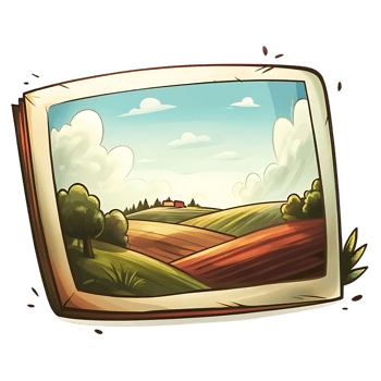 A picturesque landscape photo of rolling hills farmland and a distant farmhouse under a bright summer sky png