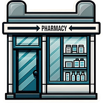 A Charming Illustration of a Pharmacy Building with a Teal Color Scheme and Detailed Interior View png