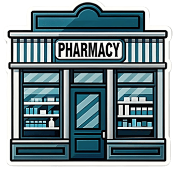 A Charming Teal Pharmacy Building Illustration with Detailed Facade and Display Shelves png