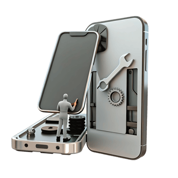 Smartphone Repair Service Tiny Technician Working on Mobile Phone Internal Components Gears and Wrench png