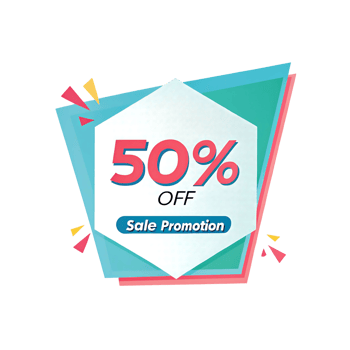 Big 50 percent off sale promotion announcement graphic design with colorful shapes and text png
