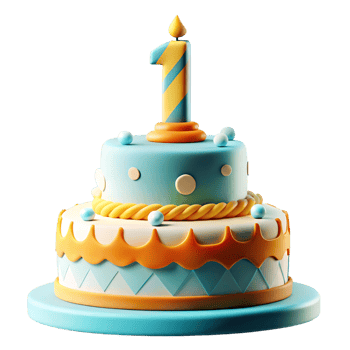 Delightful Two Layered First Birthday Cake with Blue and Orange Decorations png