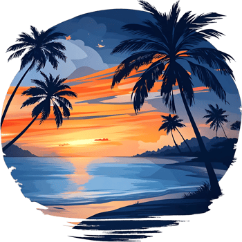 Stunning Sunset over Tropical Beach Paradise with Silhouetted Palm Trees and Calm Ocean Waters png