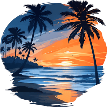 Stunning Sunset Beach Scene with Palm Trees and Ocean Waves png