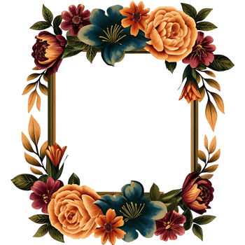 Elegant Square Floral Frame with Dark Teal Orange and Burgundy Blooms png
