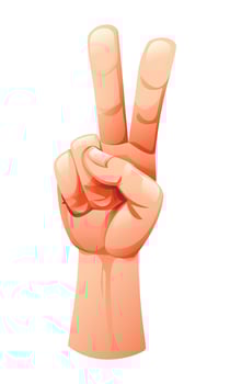 Hand showing two raised fingers forming a peace sign. Cartoon illustration vector