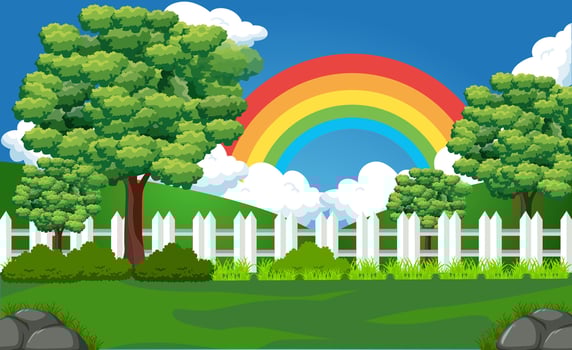 Colorful Nature Landscape with Rainbow, Trees, and White Picket Fence vector