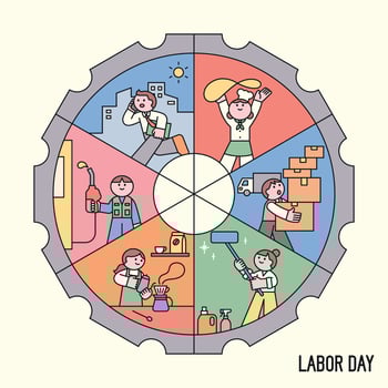 illustration of workers in various jobs inside a gear shape for Labor Day. vector