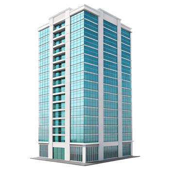Modern glass office building exterior. png