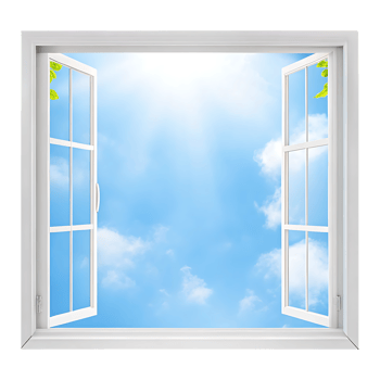 Open window view of a bright blue sky with clouds png