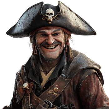 Mysterious pirate captain with piercing gaze and intimidating smile, rendered png