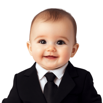 Adorable baby dressed in a sophisticated black suit against a stark backdrop png