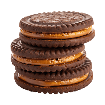 Stack of delicious chocolate cookies with caramel filling. png