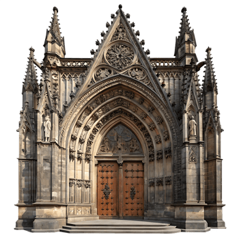 Gothic church entrance, ornate details, wooden doors. png