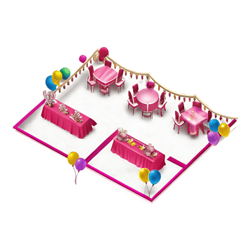 Pink Party Setup with Tables Chairs Balloons and Decorations for a Festive Event png