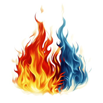 Fiery Abstract Artwork of Red and Blue Flames Intertwined with Yellow Highlights on transparent Background png