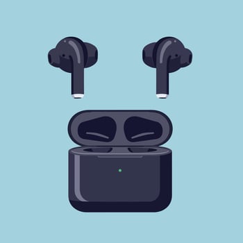 Black wireless earbuds with open charging case in modern flat style digital illustration art vector