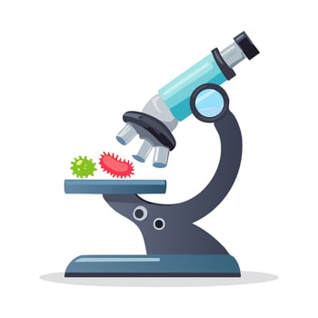 Microscope with cute bacteria on the lens vector