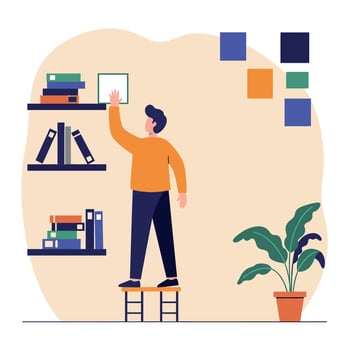 Man standing on stool reaching for book on wall shelf in minimal flat style illustration vector