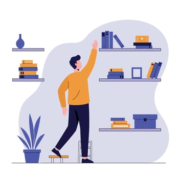 Young man reaching for books on floating shelves in minimal flat design home interior illustration vector