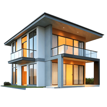 Modern Two Story House Exterior Design with Balcony and Warm Lighting png