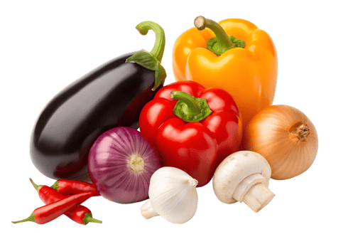 Colorful assortment of fresh vegetables including eggplant, bell peppers, onion, chili peppers, and mushrooms. png