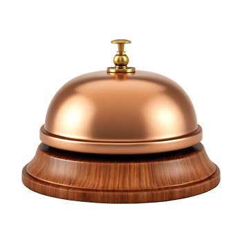 Copper service bell on wooden base. Reception, hotel, help. png