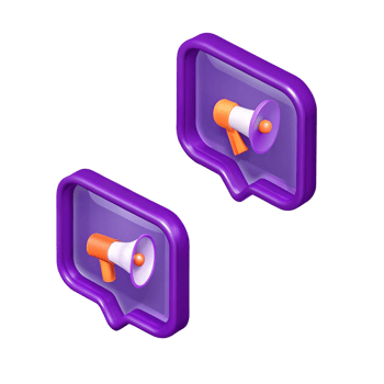 Isometric 3D Render of Two Purple Speech Bubbles with Orange Megaphones Inside Announcing Important News or Updates png